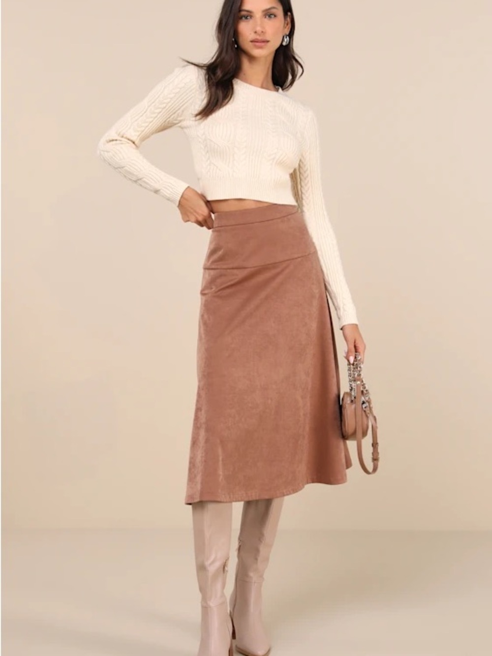 Lulu's Taupe Faux Suede A-Line Midi Skirt - medium